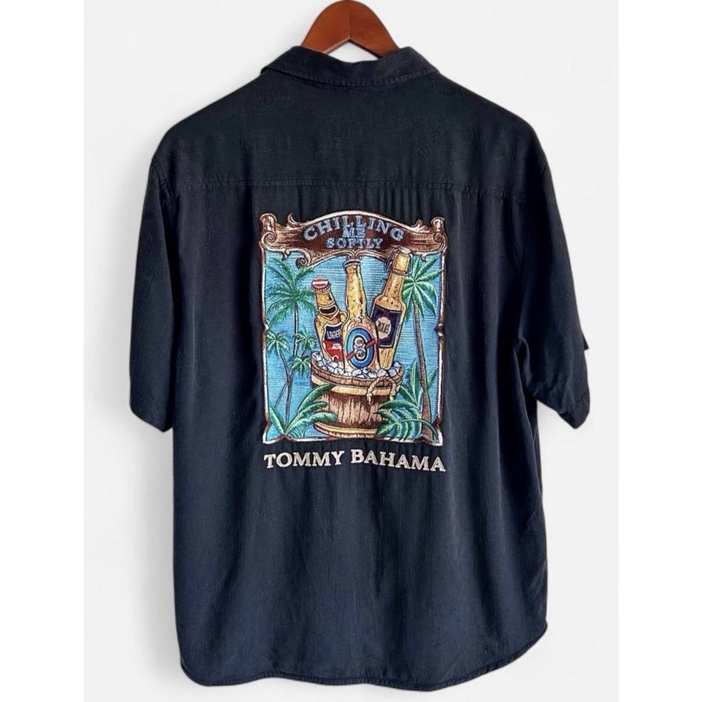 Tommy Bahama Embroidered Sz M Black 100% Silk Camp Shirt "Chilling Me Softly"